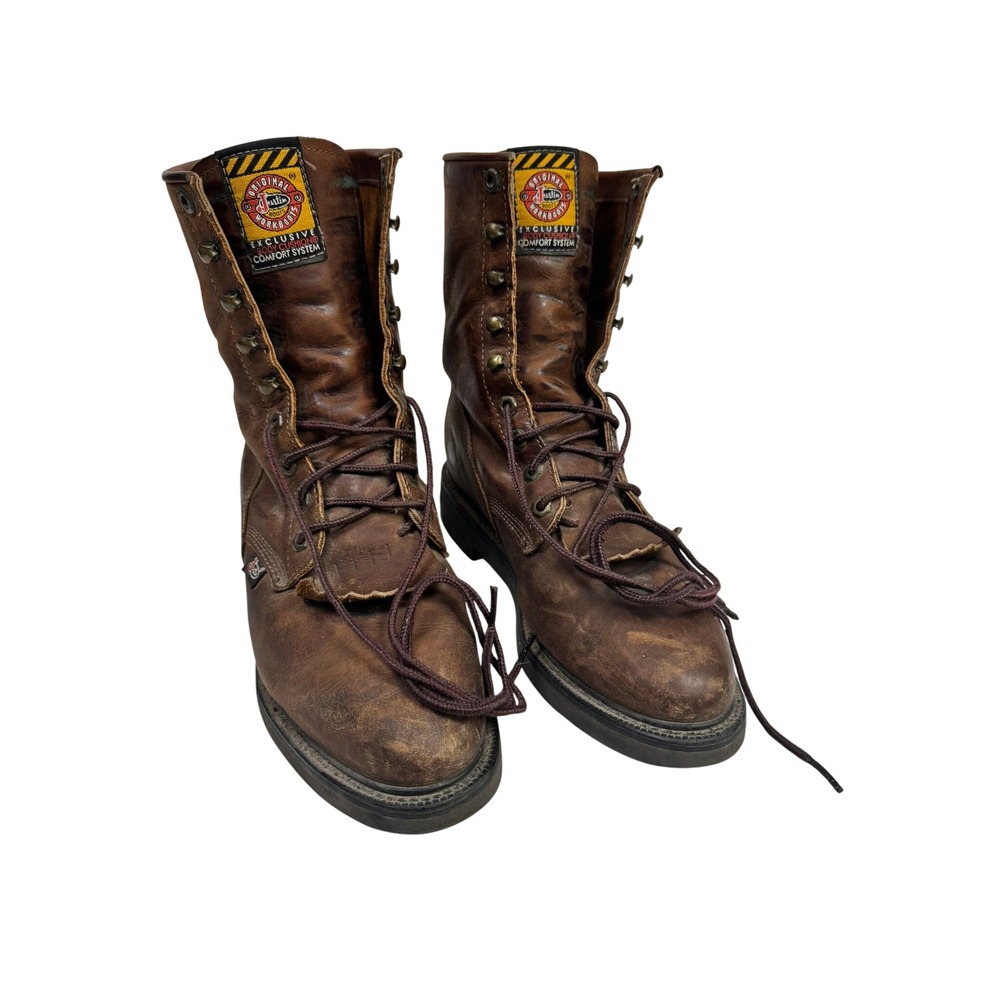 Justin Original Workboots Mens Brown Leather Lace Up Kiltie Work Boots USA 8EE